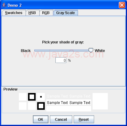 JColorChooser dialog with the custom GrayScalePanel picker tab.