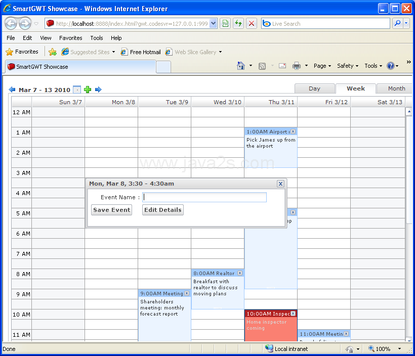 Data Bounded Calendar Sample (Smart GWT)