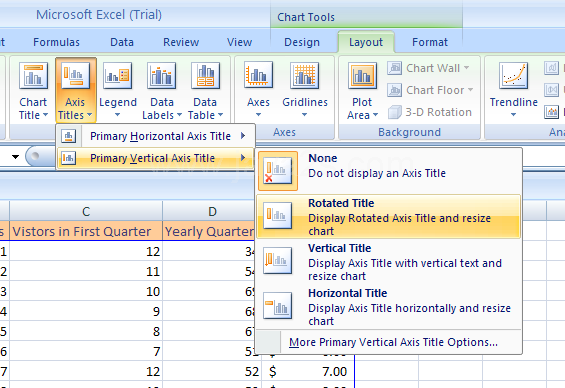 Point to Primary Vertical Axis Title, and then click None to hide the axis title, click Rotated Title to display the axis title rotated, click Vertical Title to display the axis title vertical or click Horizontal Title to display the axis title horizontal.