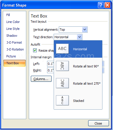 Click the Text Direction. Then select an option: Horizontal, Rotate all text 90, Rotate all text 270, or Stacked.