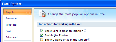 In the left pane, click Popular. Select the Show Developer tab in the Ribbon.