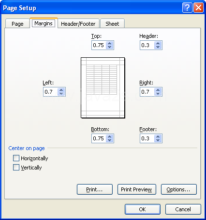 Click the Top, Bottom, Left, and Right up or down arrows to adjust the margins.