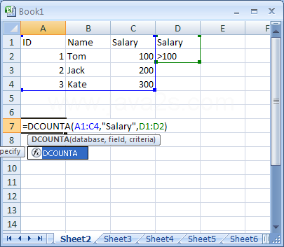 Fill the formula: =DCOUNTA