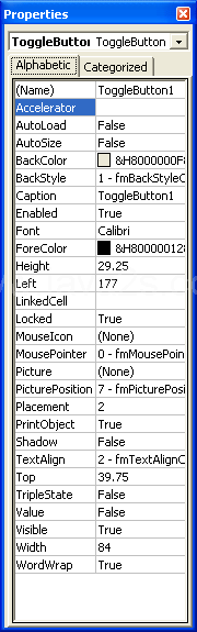 Click the Alphabetic or Categorized tab to display the control properties.