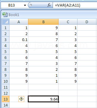 Input the formula: =VAR(A2:A11)