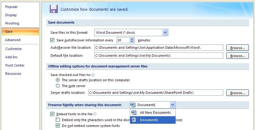 Then select the document you want to specify options.