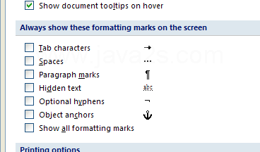 Select the formatting mark check boxes