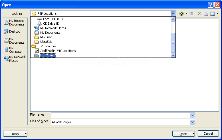 Click the Look in list arrow, and then click FTP Locations.