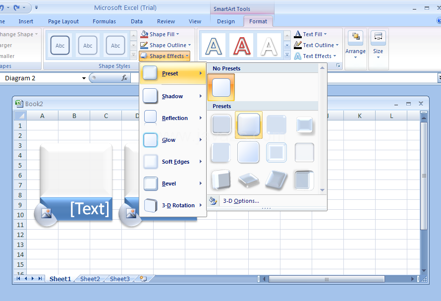 Click the Shape Effects button, and a live preview appears in the current shape when pointing to an effect.