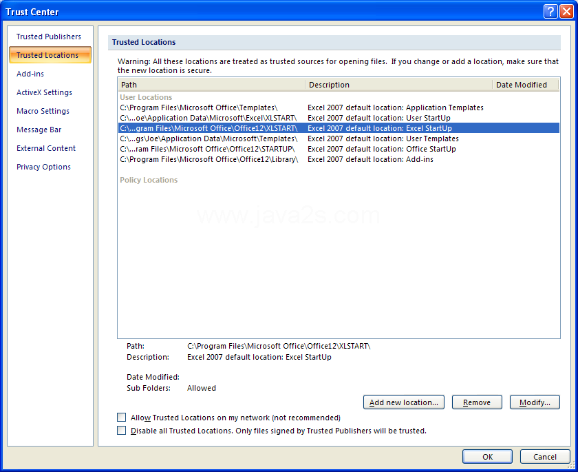 Select a location, and then use the Add new location, Remove, and Modify buttons to make the changes.