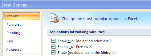 In the left pane, click Popular. Click Show Developer tab in the Ribbon. Click OK.
