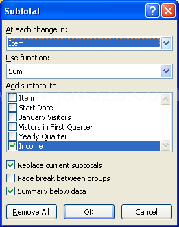 Select the check box for each column you want to subtotal.