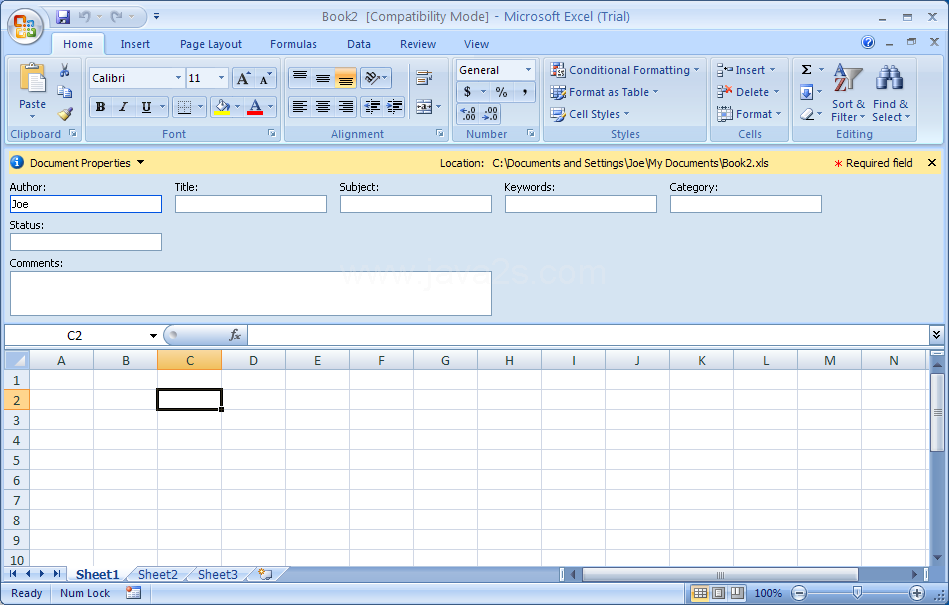 Enter the standard properties, such as author, title, subject, keywords, category, status, and comments, in the Document Information Panel.