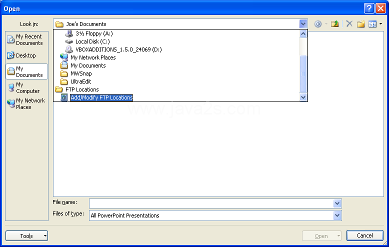 Click the Look in list arrow, and then click Add/Modify FTP Locations.
