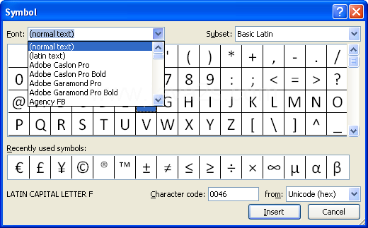 To see other symbols, click the Font list arrow, and then click a new font.