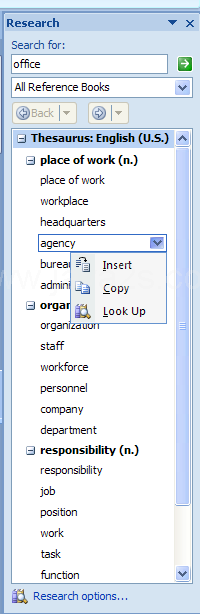 Point to the information in the Research task pane. Click the list arrow, and then click Copy.