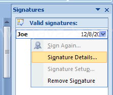 To see signature details, click Signature Details, select a signature, click View.