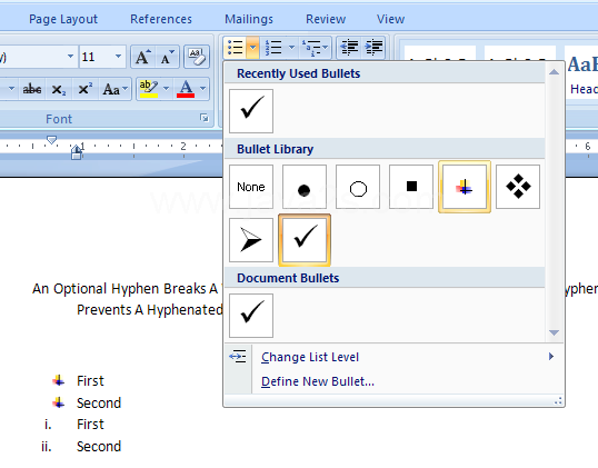 Click a predefined format or click Define New Bullet or Define New Number Format.