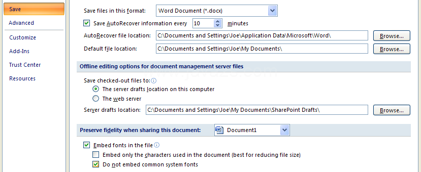 Select the document embedding options: