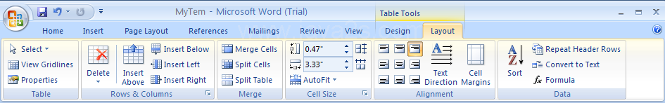 Then click the Layout tab under Table Tools