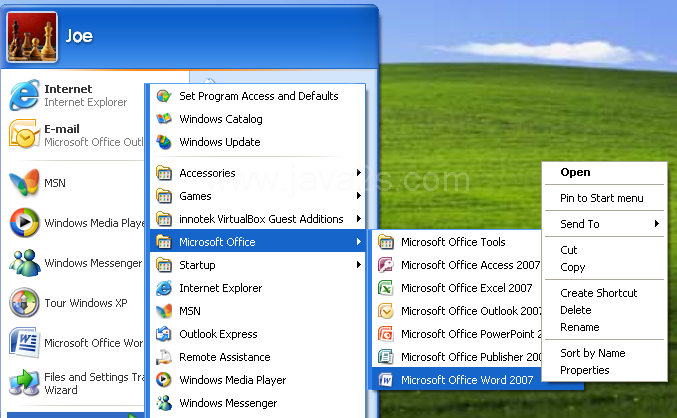 Right-click Microsoft Office Word 2007