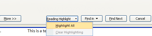 To highlight all items found, click the Reading Highlight button, and then click Highlight All.