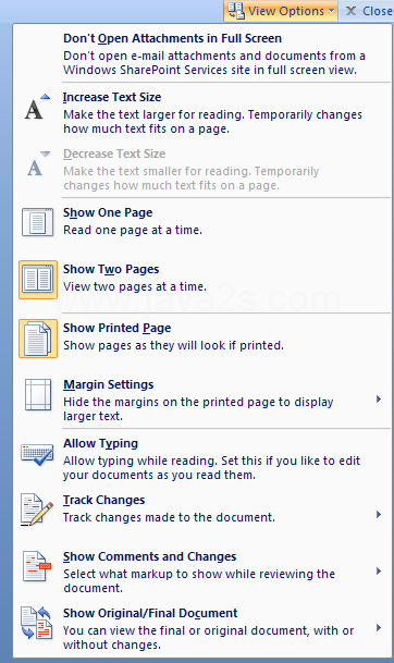 Display Full Screen Reading view options