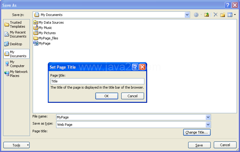 Click Change Title, type the new title in the Set Page Title box, and then click OK.