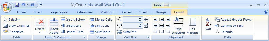 Then click the Layout tab under Table Tools