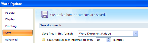 Make sure the check box is selected for Save AutoRecover information...