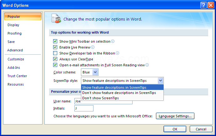 Then click the ScreenTip style list arrow