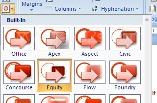 The current theme effects appear highlighted in the menu.