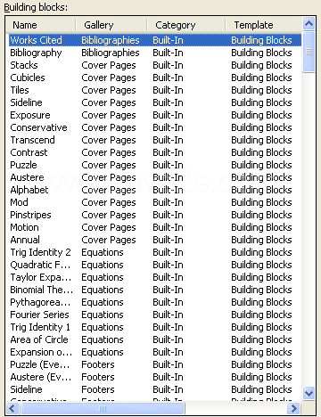 Select the Quick Part building block.